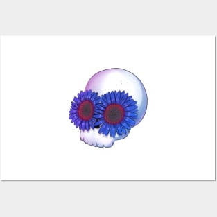 Skull with blue flowers Posters and Art